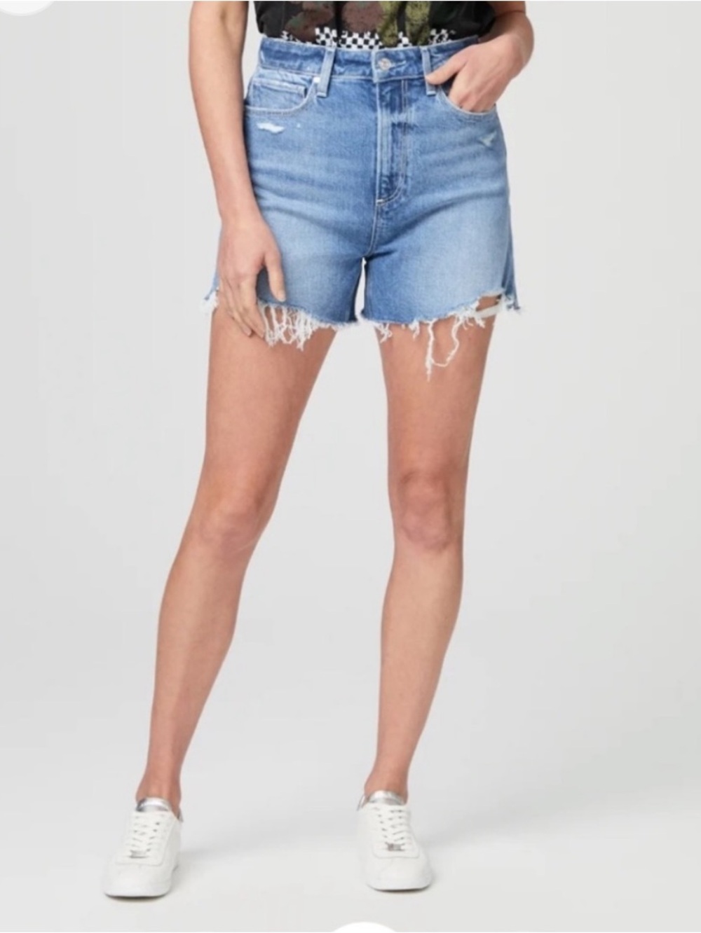 PAIGE Light Blue Frayed Hem High-Rise Denim Shorts
